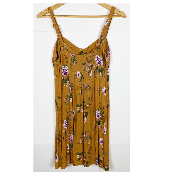 American Eagle Floral Button Front Mini Dress Sleeveless Mustard Yellow Medium - Picture 2 of 7